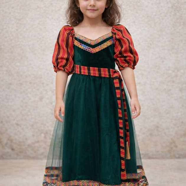 جبة قبايل مودرين بالقطيفة اللون اخضر 6 و 8 سنوات